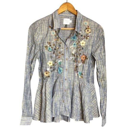 HD In Paris Embroidered Button Up Peplum Shirt Top Size S Sequined Forest Fairy - Picture 1 of 11